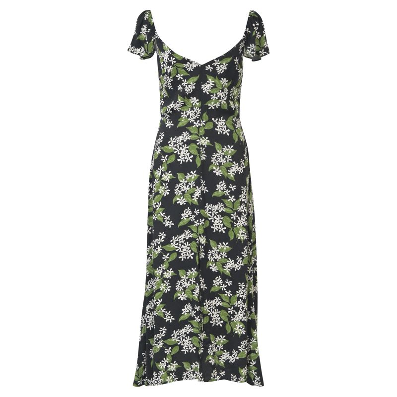 Reformation Baxley Floral Print Midi Dress In Black And Green Viscose